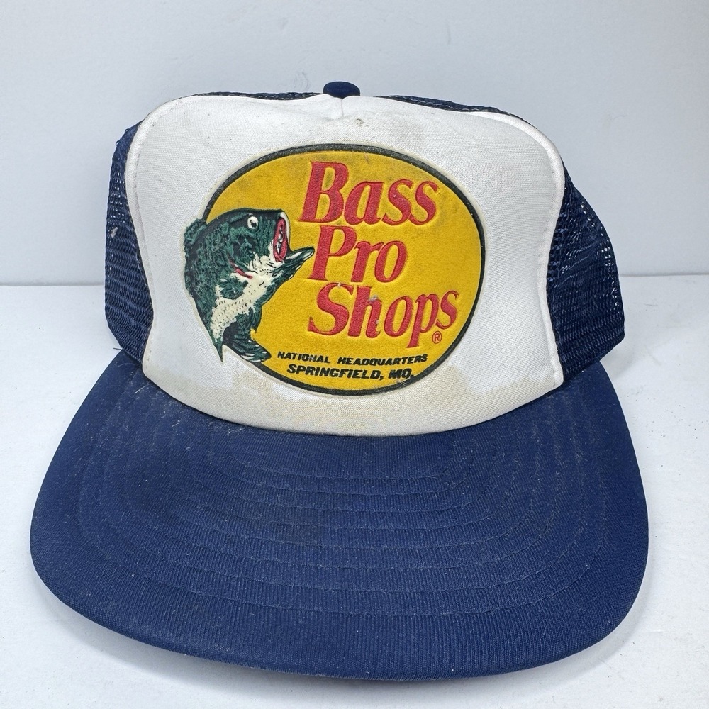 Vintage Bass Pro Shops Mesh Snapback Trucker Hat Fishing Cap Blue White